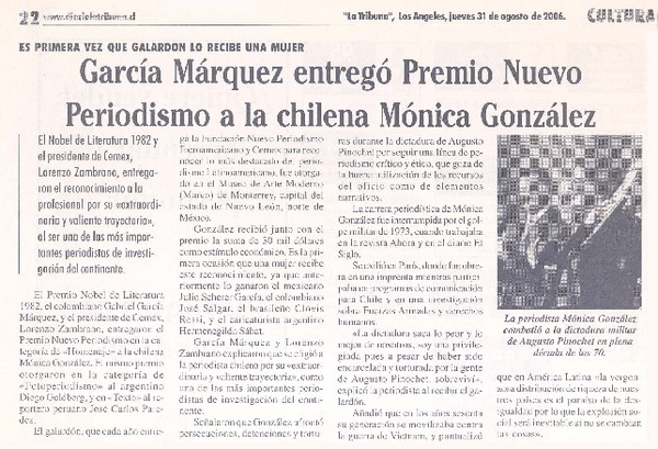 Es primera vez que galardón lo recibe una mujer : García Márquez entregó Premio Nuevo Periodismo a la chilena Mónica González