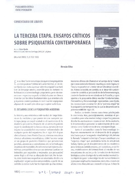 Comentario de libros : la Tercera etapa : ensayos críticos sobre psiquiatría contemporánea autor, César Ojeda