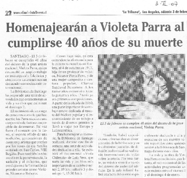 Homenajearán a Violeta Parra al cumplirse 40 años de su muerte