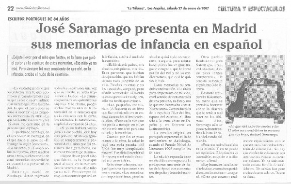 José Saramago presenta en Madrid sus memoriqs de infancia en español