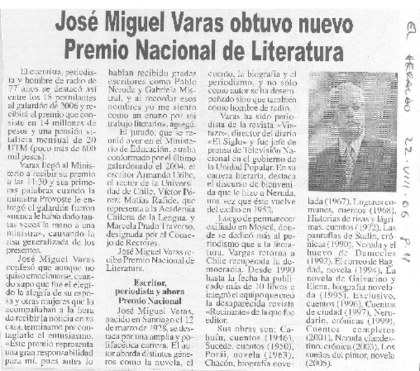 José Miguel Varas obtuvo nuevo Premio Nacional de Literatura