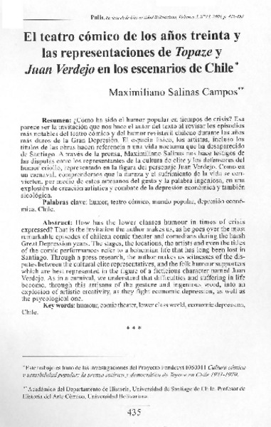 El teatro cómico de los años treinta y las representaciones de Topaze y Juan Verdejo en los escenarios de Chile El teatro cómico de los años treinta y las representaciones de Topaze y Juan Verdejo en los escenarios de Chile