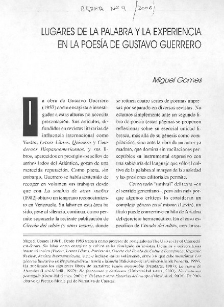 Lugares de la palabra y la experiencia en la poesía de Gustavo Guerrero