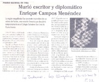 Murió escritor y diplomático Enrique Campos Menéndez