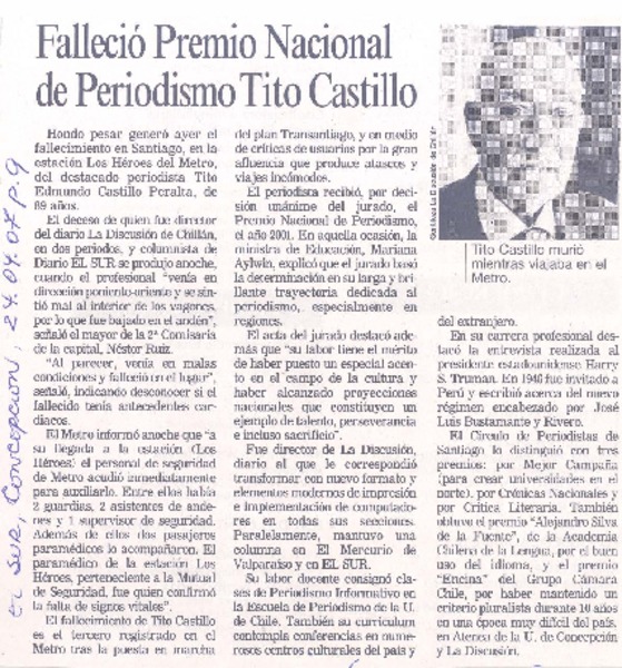 Falleció Premio Nacional de Periodismo Tito Castillo