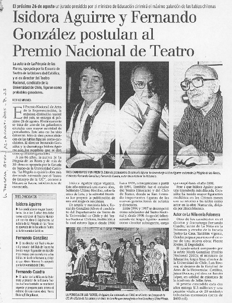 Isidora Aguirre y Fernando González postulan al Premio Nacional de Teatro