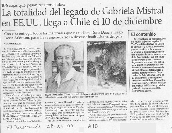 La totalidad del legado de Gabriela Mistral en EE.UU. llega a Chile el 10 de diciembre