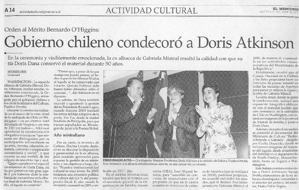 Gobierno chileno condecoró a Doris Atkinson
