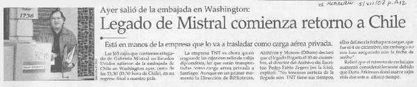 Legado de Mistral comienza retorno a Chile