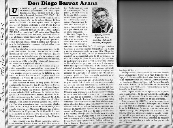 Don Diego Barros Arana  [artículo] Zenón Jorquera Figueroa