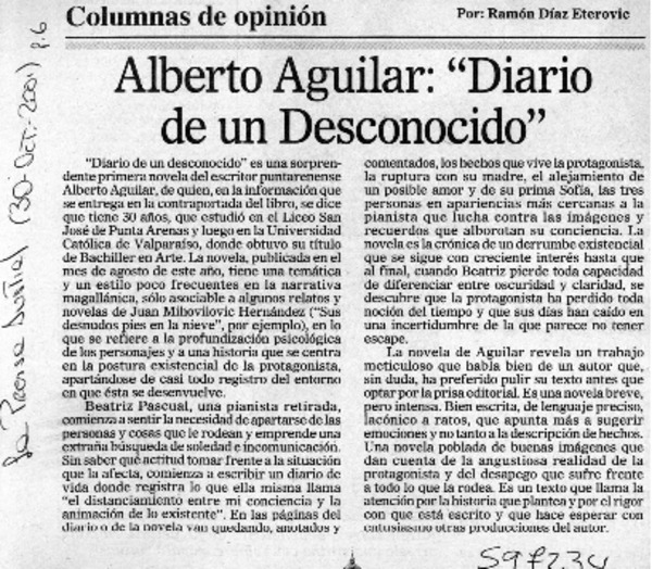Alberto Aguilar, "Diario de un desconocido"  [artículo] Ramón Díaz Eterovic