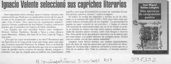 Ignacio Valente seleccionó sus caprichos literarios  [artículo] X. V.