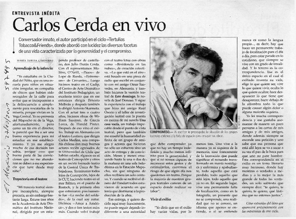Carlos Cerda en vivo  [artículo] María Teresa Cárdenas