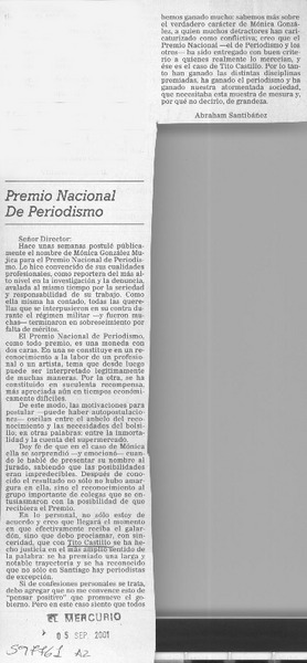 Premio Nacional de Periodismo  [artículo] Abraham Santibáñez