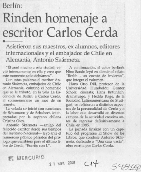 Rinden homenaje a escritor Carlos Cerda  [artículo]