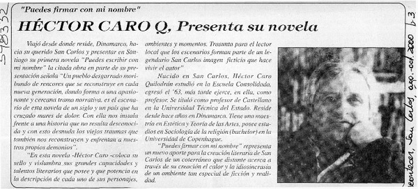 Héctor Caro Q. presenta su novela  [artículo]