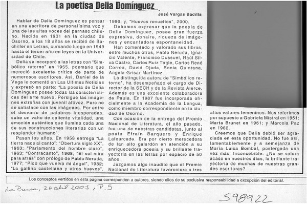 La poetisa Delia Domínguez  [artículo] José Vargas Badilla