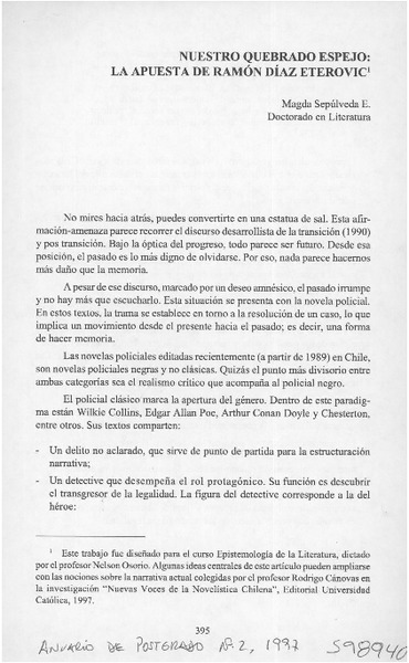 Nuestro quebrado espejo, la apuesta de Ramón Díaz Eterovic  [artículo] Magda Sepúlveda E.