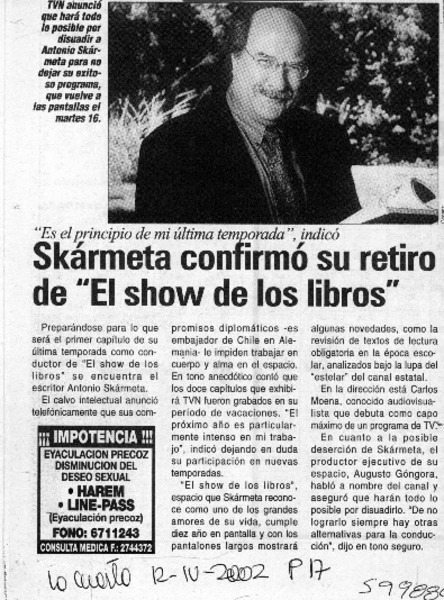 Skármeta confirmó su retiro de "El show de los libros"  [artículo]