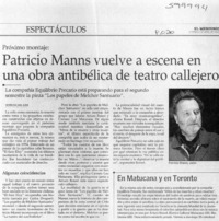 Patricio Manns vuelve a escena en una obra antibélica de teatro callejero  [artículo] Verónica San Juan