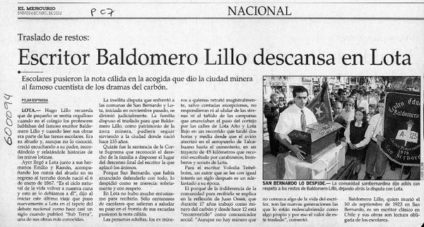Escritor Baldomero Lillo descansa en Lota  [artículo] Pilar Espinosa