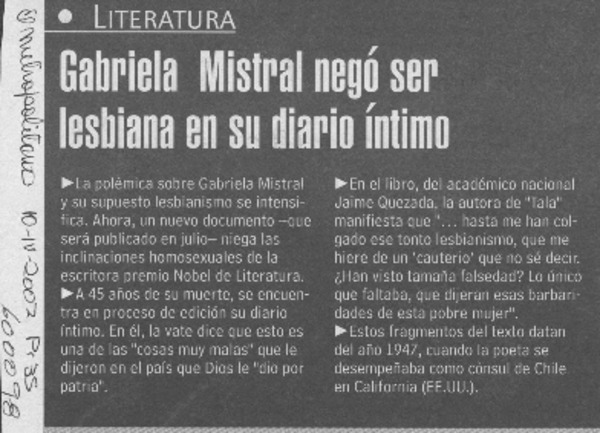 Gabriela Mistral negó ser lesbiana en su diario íntimo  [artículo]