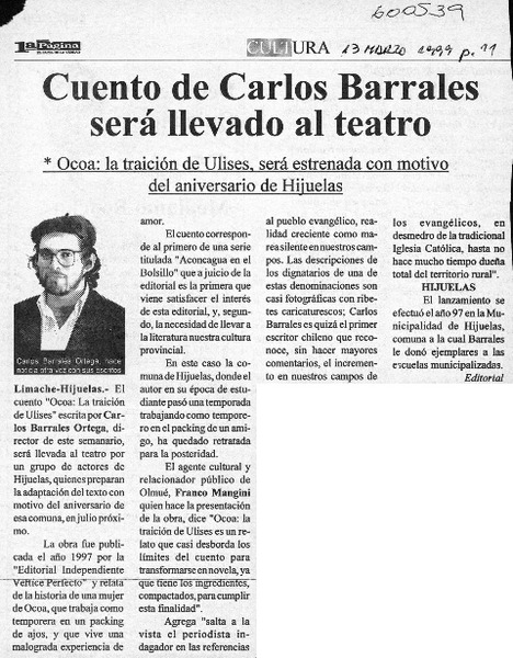 Cuento de Carlos Barrales será llevado al teatro  [artículo]