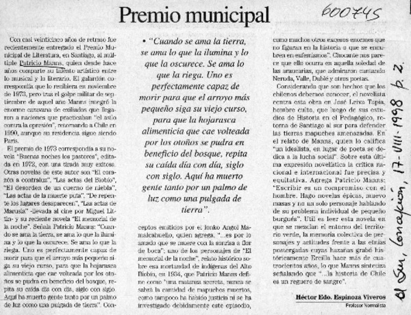 Premio municipal  [artículo] Héctor Edo. Espinoza Viveros