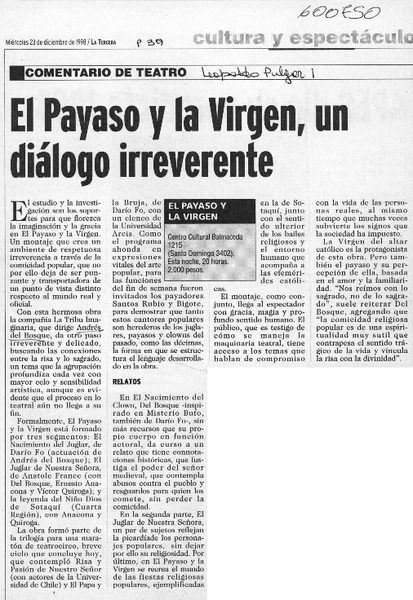 El Payaso y la virgen, un diálogo irreverente  [artículo] Leopoldo Pulgar I.
