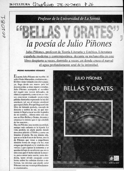 "Bellas y orates", la poesía de Julio Piñones  [artículo] Pedro Marambio Vásquez