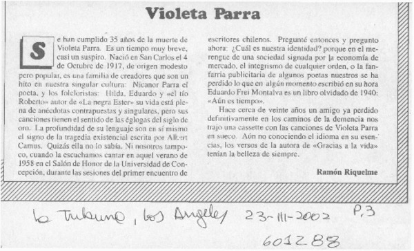 Violeta Parra  [artículo] Ramón Riquelme