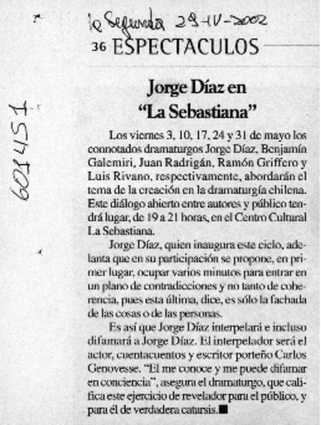 Jorge Díaz en "La Sebastiana"  [artículo]