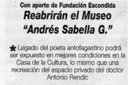 Reabrirán el Museo "Andrés Sabella G."  [artículo]