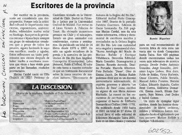 Escritores de la provincia  [artículo] Ramón Riquelme
