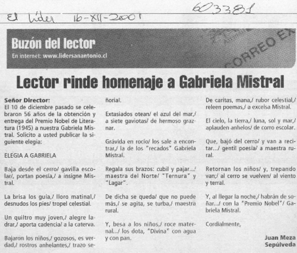Lector rinde homenaje a Gabriela Mistral  [artículo] Juan Meza Sepúlveda