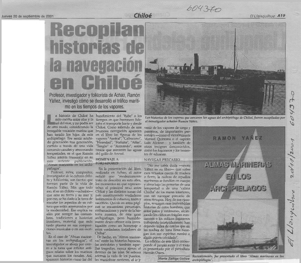 Recopilan historias de la navegación en Chiloé  [artículo] Marta Zúñiga Gatica