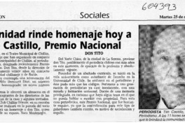 Comunidad rinde homenaje hoy a Tito Castillo, Premio Nacional  [artículo]
