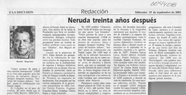 Neruda treinta años después  [artículo] Ramón Riquelme