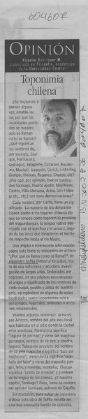 Toponimia chilena  [artículo] Rogelio Rodríguez M.