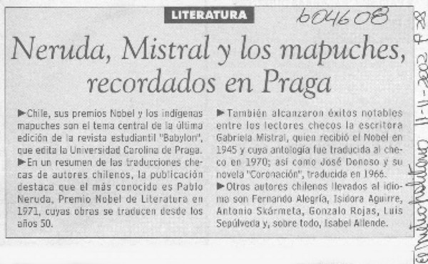 Neruda, Mistral y los mapuches, recordados en Praga  [artículo]