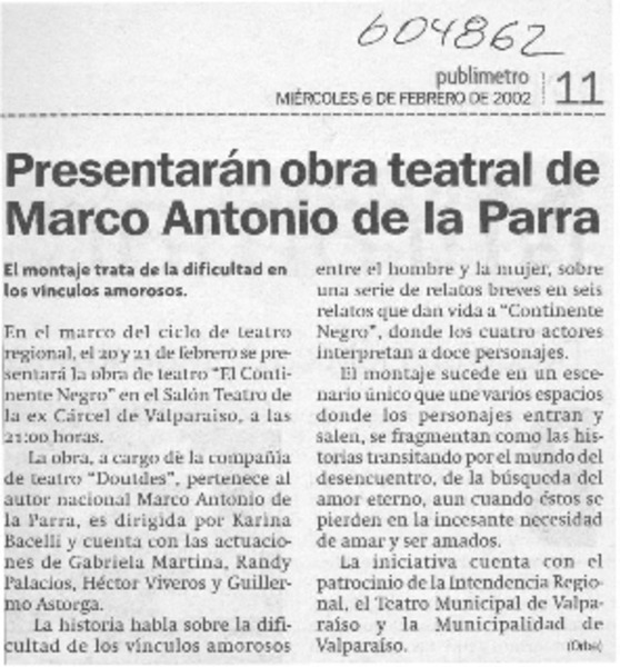Presentarán obra teatral de Marco Antonio de la Parra  [artículo]