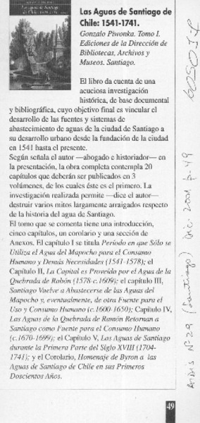 Las aguas de Santiago de Chile 1541-1741  [artículo]