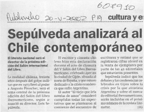 Sepúlveda analizará al Chile contemporáneo  [artículo]