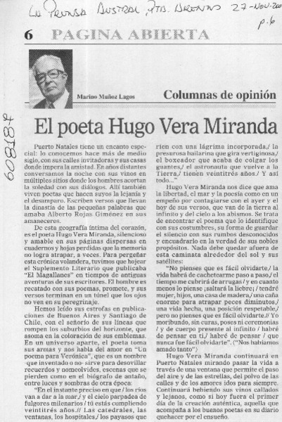 El poeta Hugo Vera Miranda  [artículo] Marino Muñoz Lagos