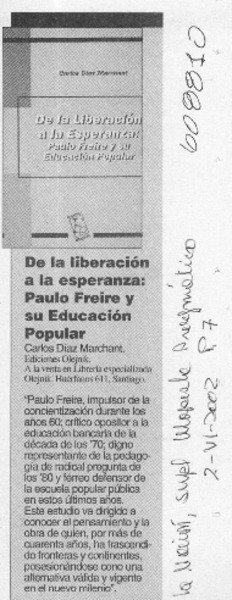De la liberación a la esperanza, Paulo Freire y su educación popular  [artículo]