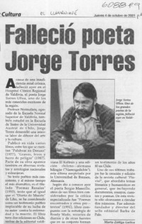 Falleció poeta Jorge Torres  [artículo] Marta Zúñiga Gatica