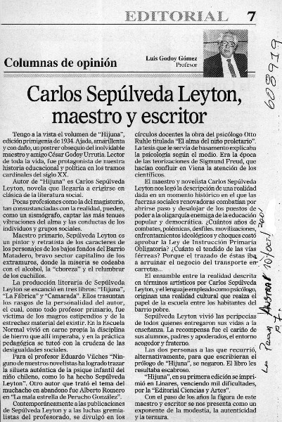 Carlos Sepúlveda Leyton, maestro y escritor  [artículo] Luis Godoy Gómez
