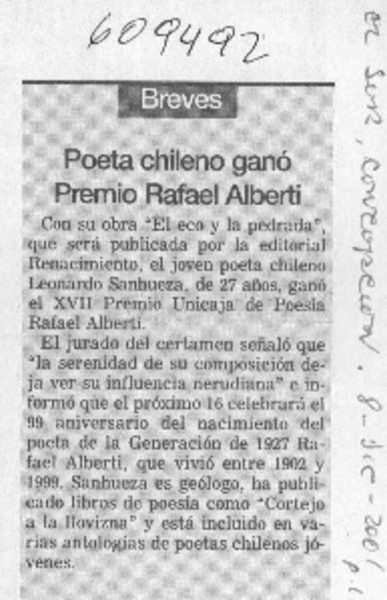 Poeta chileno ganó Premio Rafael Alberti  [artículo]