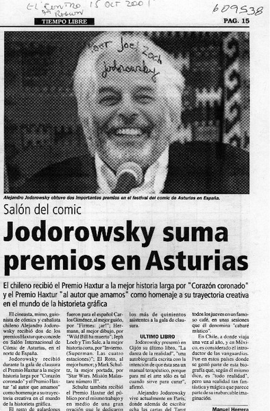 Jodorowsky suma premios en Asturias  [artículo] Manuel Herrera