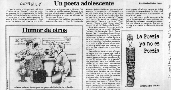 Un poeta adolescente  [artículo] Marino Muñoz Lagos